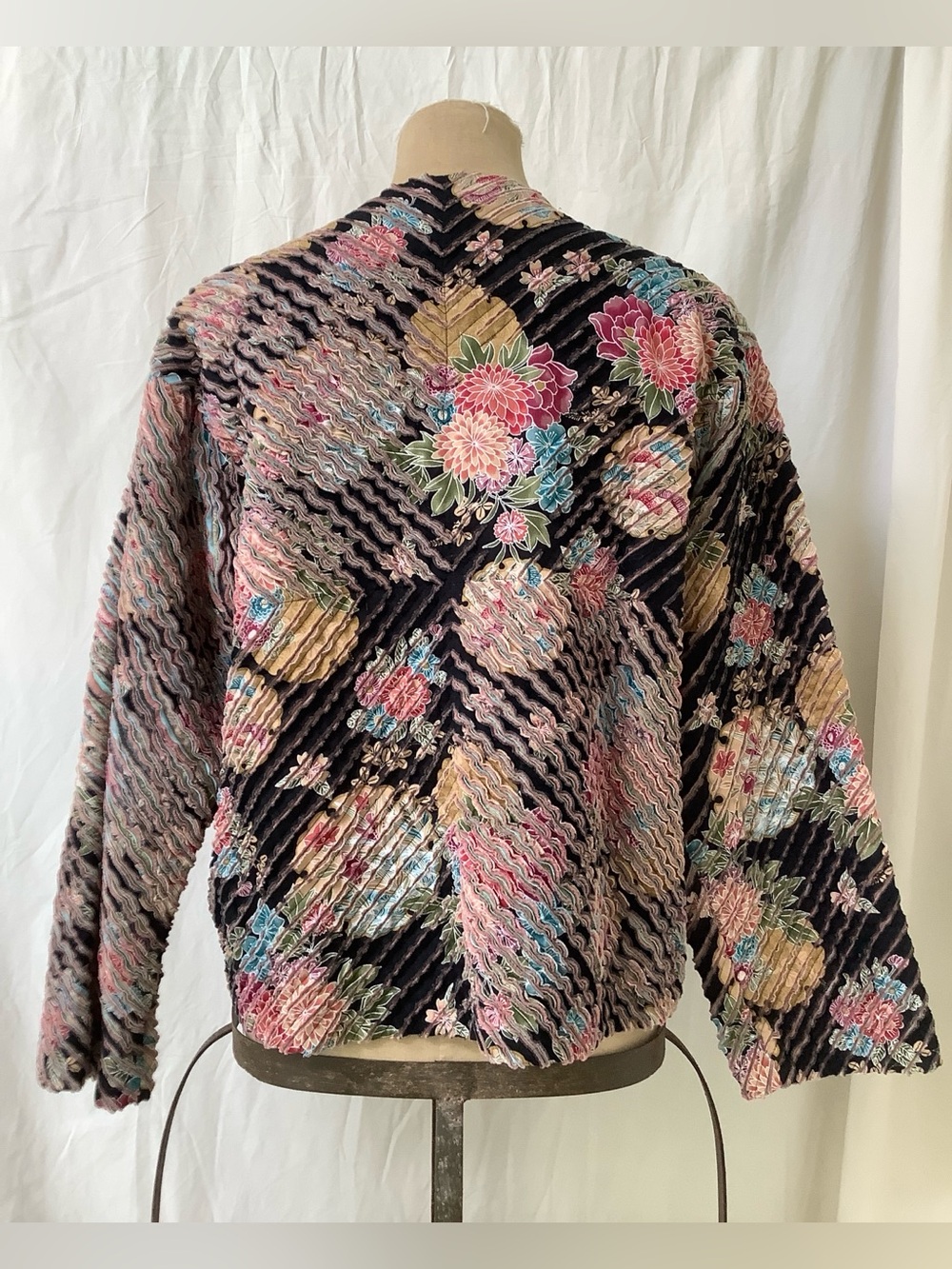 Handmade Jacket-Ruffle Texture-Black Multicolor Floral Pattern-L/XL-Unique!! - Picture 5 of 8